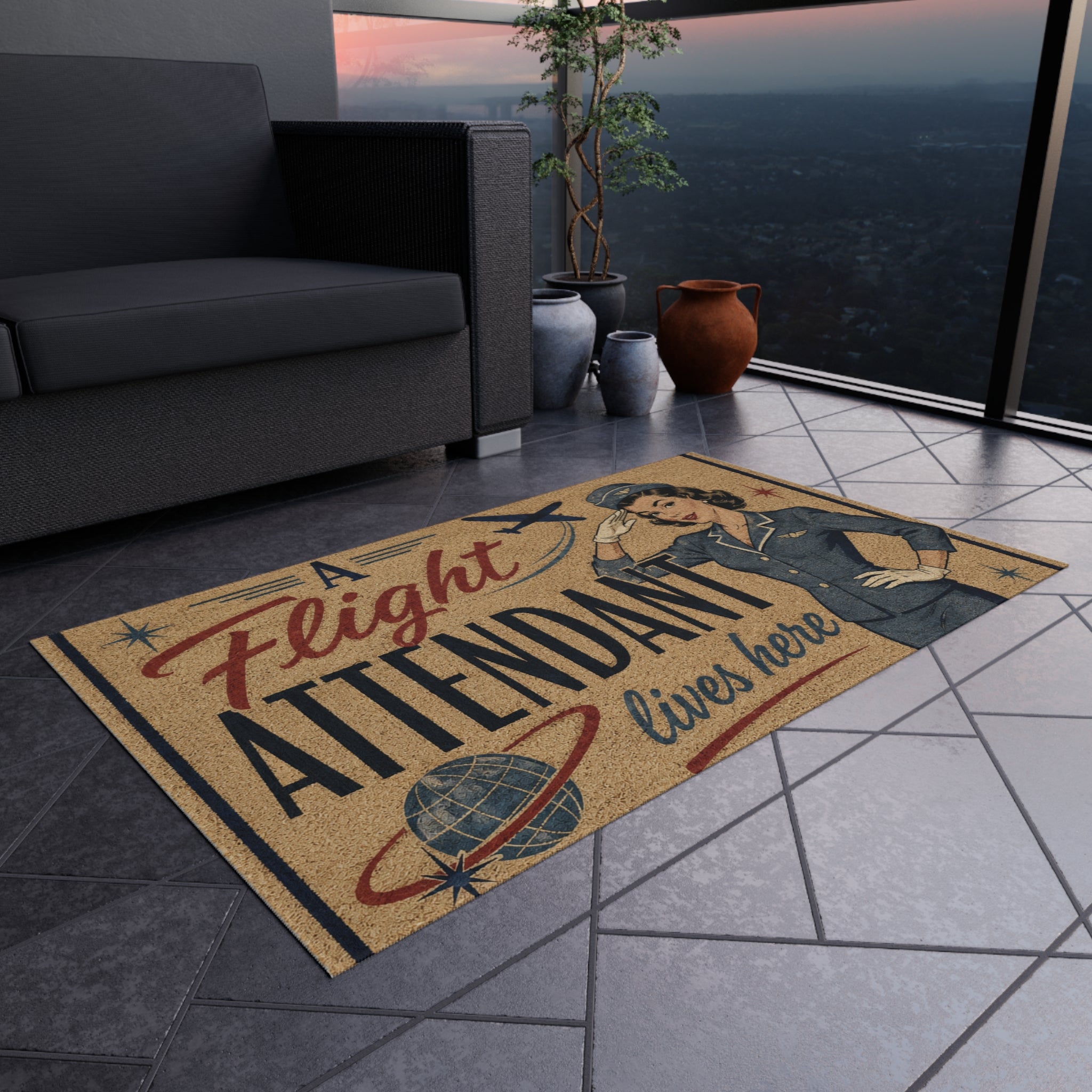 Retro 'A Flight Attendant Lives Here' Doormat / Outdoor Rug