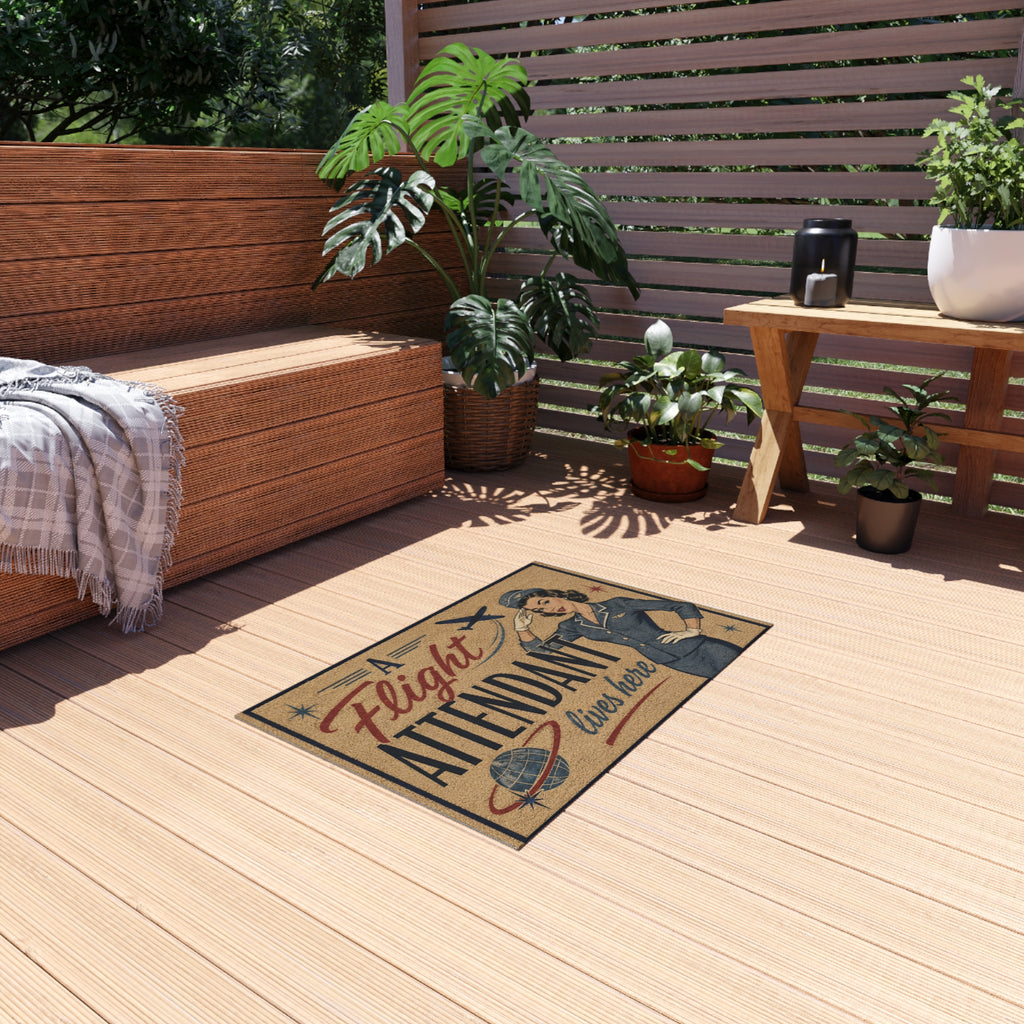 Retro 'A Flight Attendant Lives Here' Doormat / Outdoor Rug