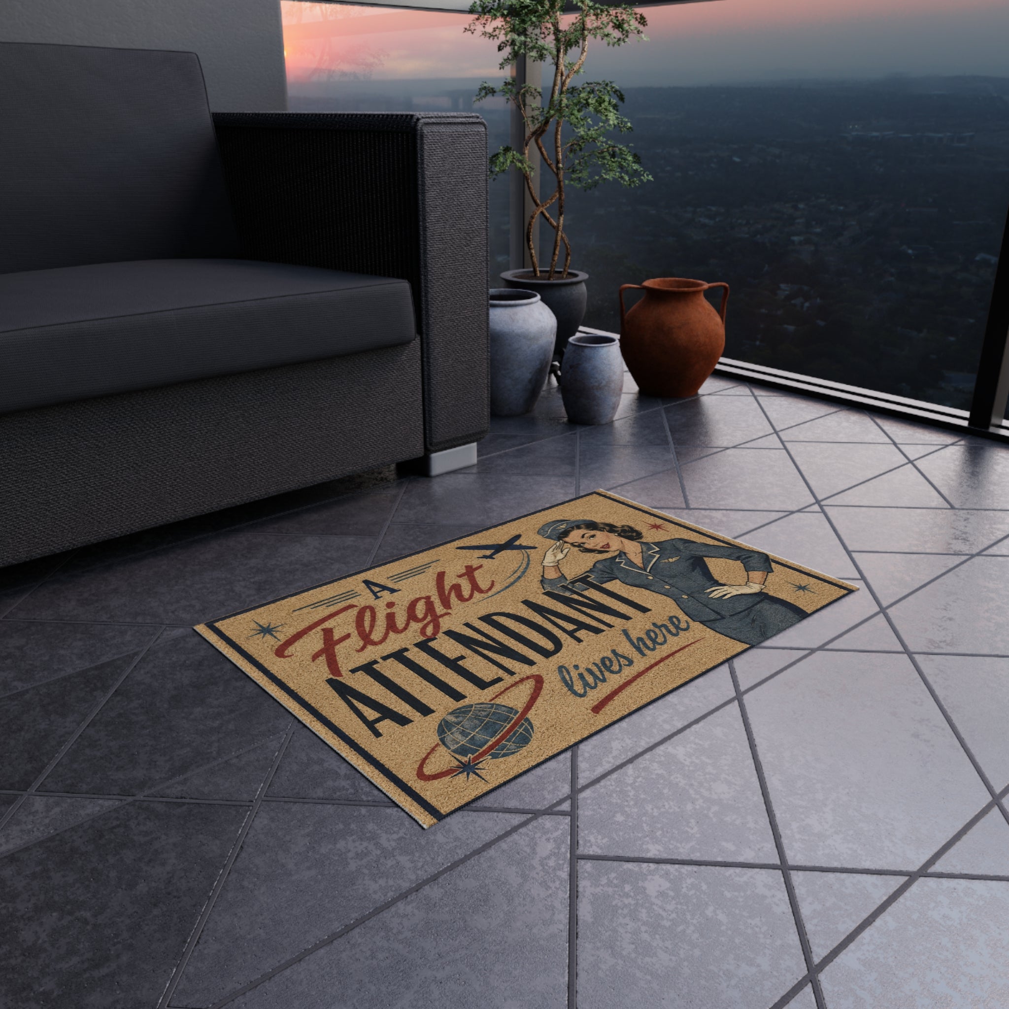 Retro 'A Flight Attendant Lives Here' Doormat / Outdoor Rug