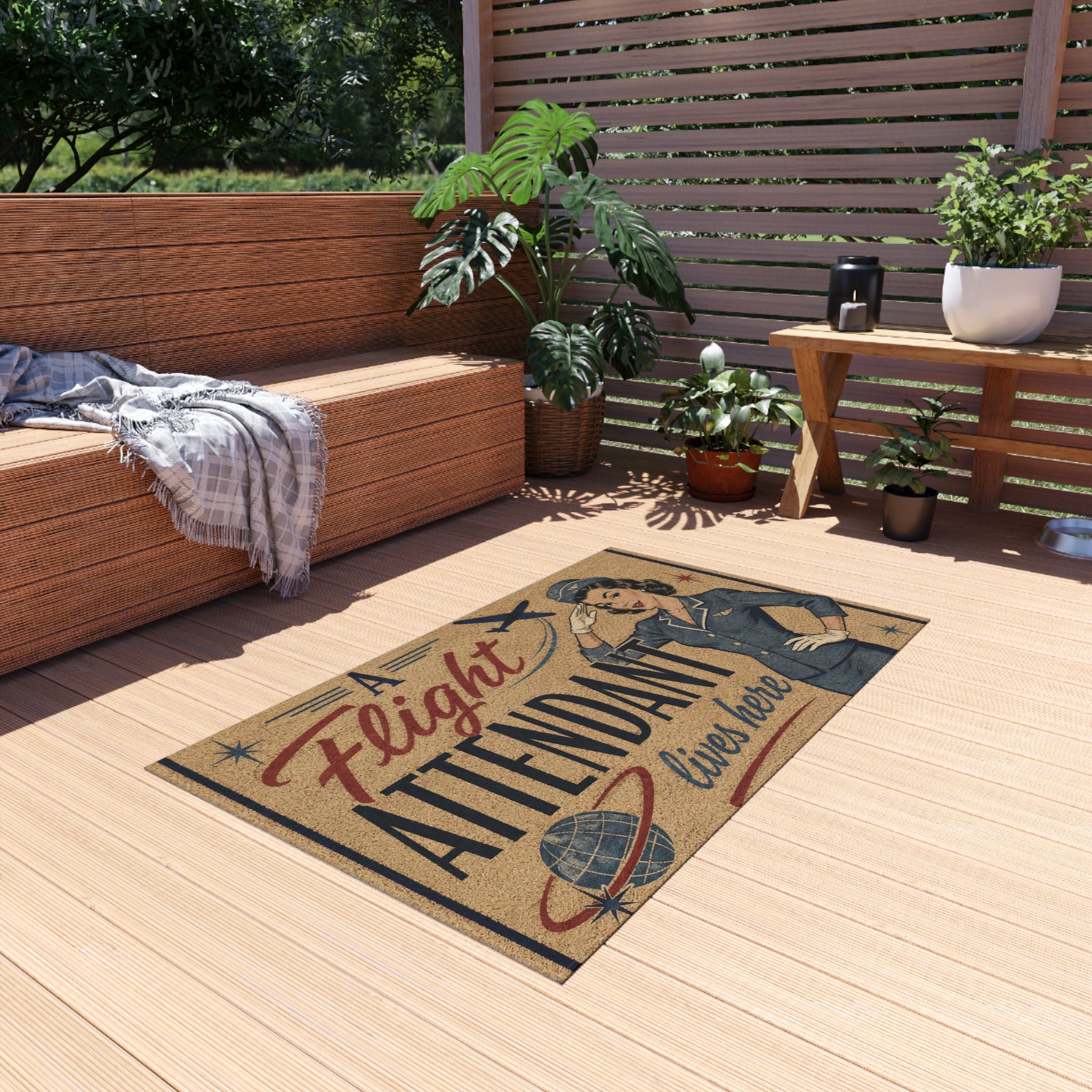 Retro 'A Flight Attendant Lives Here' Doormat / Outdoor Rug